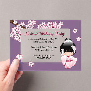 Pink Kokeshi Girl Transparent Window Purple Acrylic Invitations