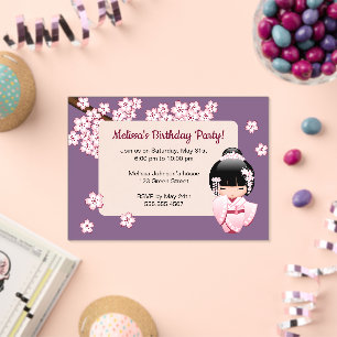 Pink Kokeshi Girl Transparent Window Purple Acrylic Invitations