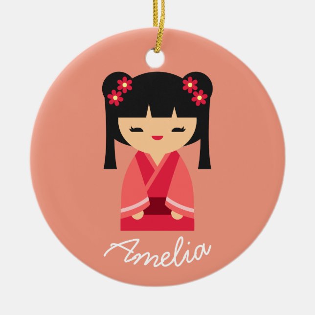 Pink Kokeshi Japanese dolls Ceramic Tree Decoration (Front)