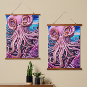 Pink Kraken Octopus Tentacles Hanging Tapestry