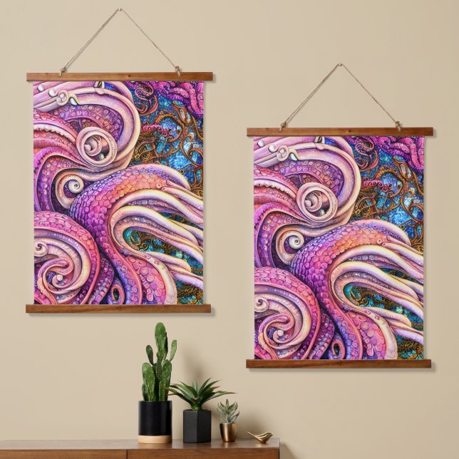 Pink Kraken Tentacles Octopus Hanging Tapestry (Asymmetrical)