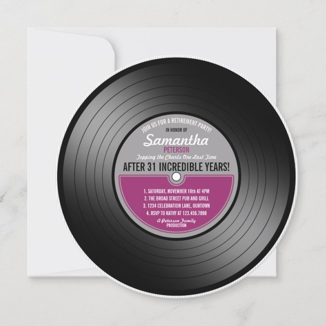 Pink Label Vinyl Record Retirement Party Invitation (Front)