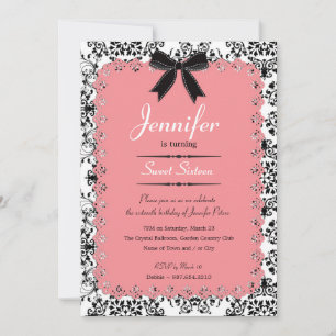 Pink Lace and Black & White Damask Sweet 16 5x7 Invitation