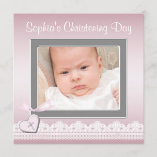 Pink Lace Baby Girl Photo Christening Invitation