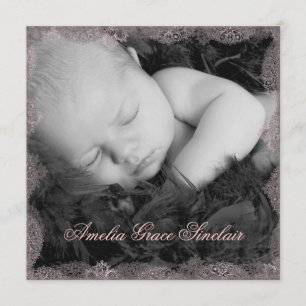 Pink Lace Black Vintage Photo Birth Announcement