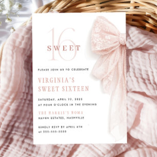 Pink Lace Bow Chic Sweet 16 Birthday Invitation