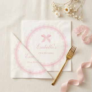 Pink Lace Bow First Birthday Girl Napkin