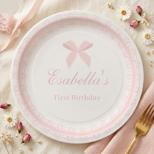 Pink Lace Bow First Birthday Girl Paper Plate