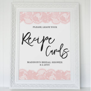 Pink Lace Bridal Shower Recipe Cards sign  