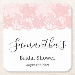 Pink Lace Bridal Shower Square Paper Coaster