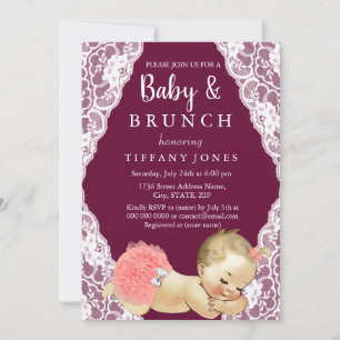 Pink Lace Burgundy Vintage Baby Shower Brunch Invitation
