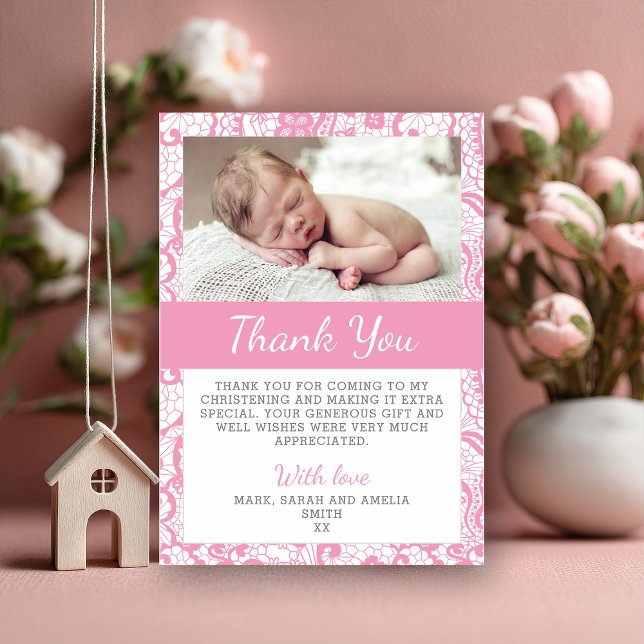 Pink Lace Christening Thank You Card - Baby Girl (Say thank you in the sweetest way with this personalized pink floral christening thank-you card feat)