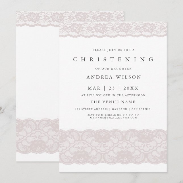 Pink Lace Elegant Baby Girl Christening Invite (Front/Back)