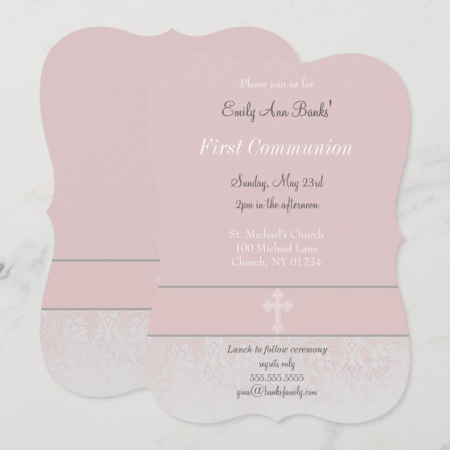 Pink Lace First Holy Communion Invitation (Front/Back)