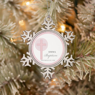 Pink Lace Girl Baptism Personalised Snowflake Pewter Christmas Ornament