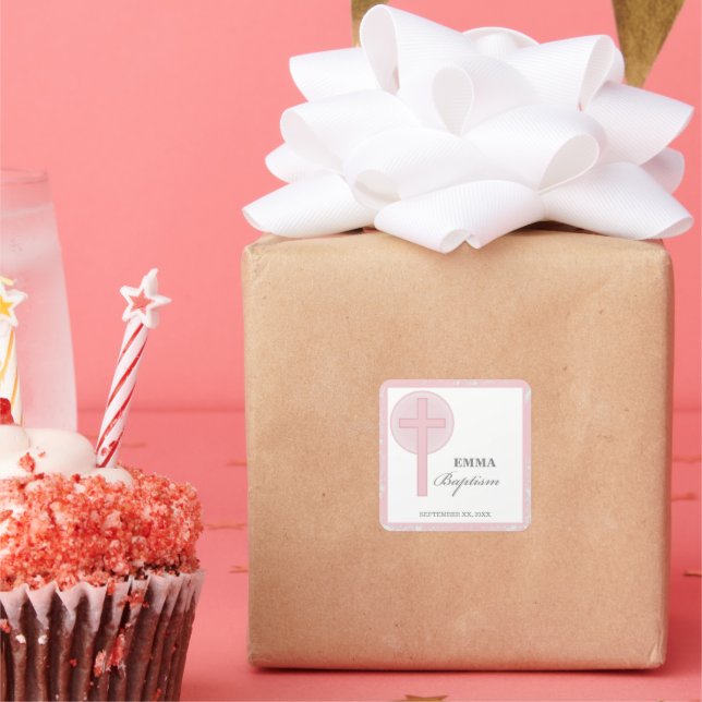 Pink Lace Girl Baptism Personalised Square Sticker (Party)