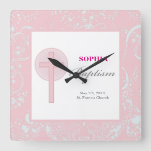 Pink Lace Girl Baptism Square Wall Clock