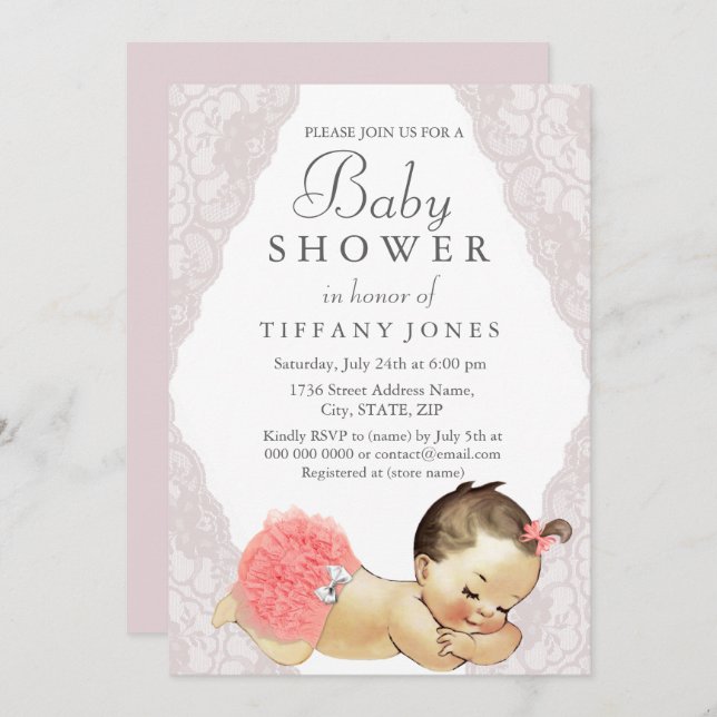 Pink Lace Girl Vintage Baby Shower Invite (Front/Back)
