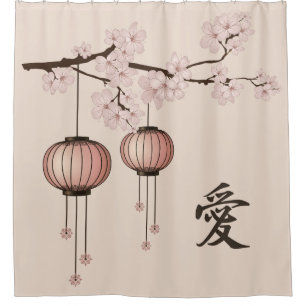 Pink lace lanterns and blossom "Love" Shower Curtain