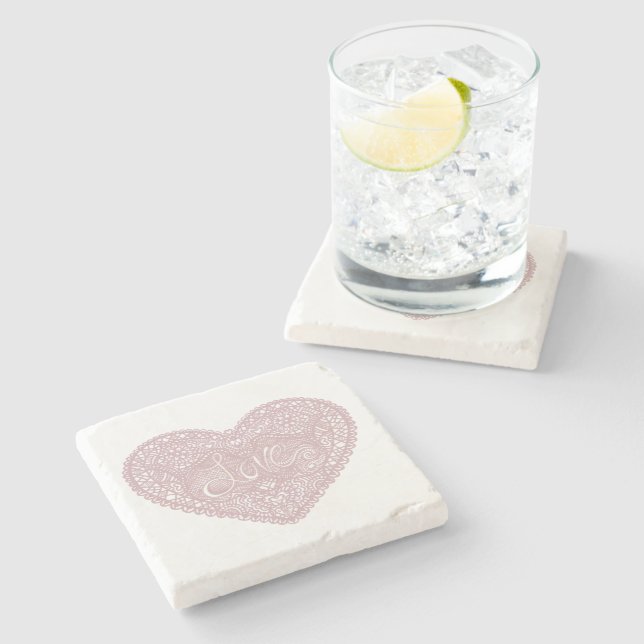 Pink Lace Love heart Stone Coaster (Side)