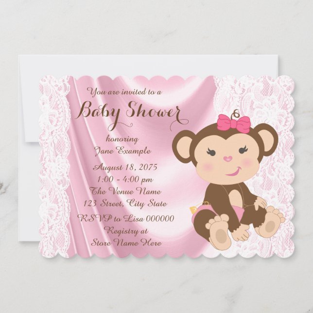 Pink Lace Monkey Baby Girl Shower Invitation (Front)