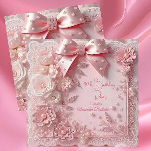 Pink Lace Pearls Floral Sweet Birthday Party Invitation