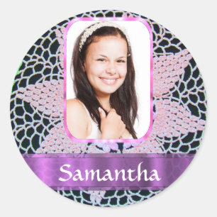 Pink lace photo background classic round sticker