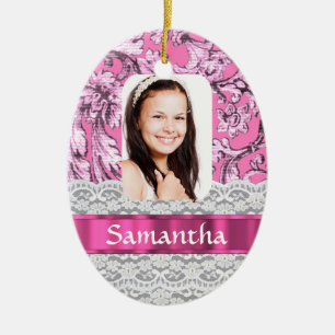 Pink lace photo template ceramic tree decoration