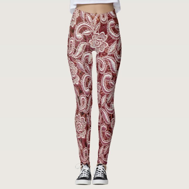 Pink lace, vintage roses pattern. leggings (Front)