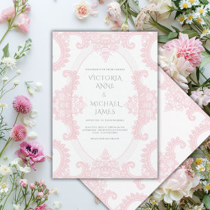Pink Lace Whimsical Vintage Wedding Invitation