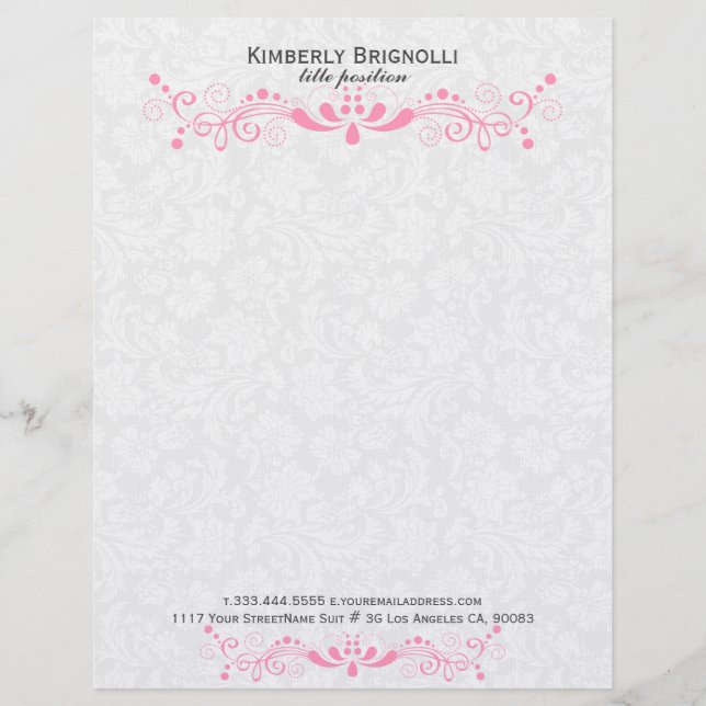 Pink Lace With White Damasks Custom Letterhead (Front)