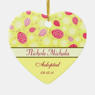 Pink Lady Bug Heart Shaped Adoption Announcement Ceramic Tree Decoration