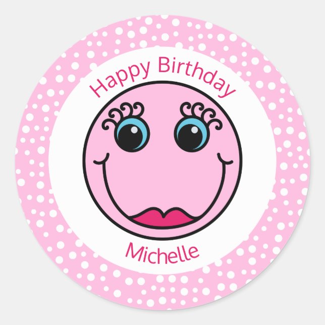 Pink Lady Face Personalised Birthday Classic Round Sticker (Front)