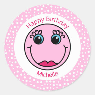 Pink Lady Face Personalised Birthday Classic Round Sticker