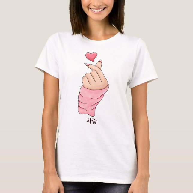 Pink Lady Korean Heart Fingers with Korean writing T-Shirt (Front)