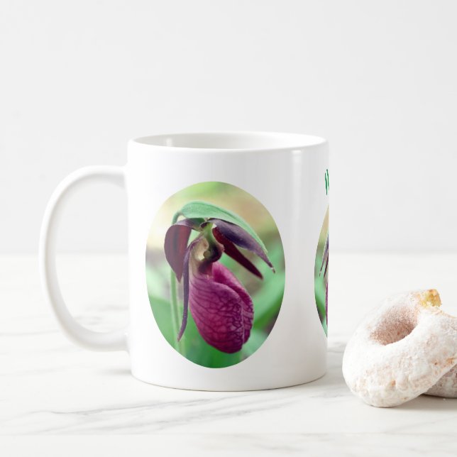 Pink Lady Slipper Flower Personalised Coffee Mug (With Donut)