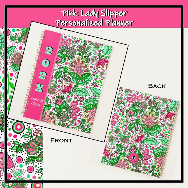 Pink Lady Slipper Flowers on White Personalised Planner (Bold pink and green modern folk art design featuring delicate pink lady slipper flowers.)