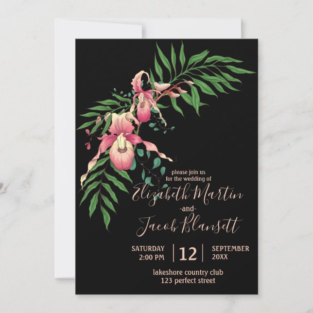 Pink Lady Slipper Orchid Black Wedding Invitation (Front)
