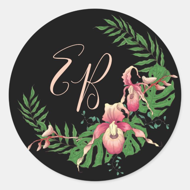 Pink Lady Slipper Orchid Initials Classic Round St Sticker (Front)