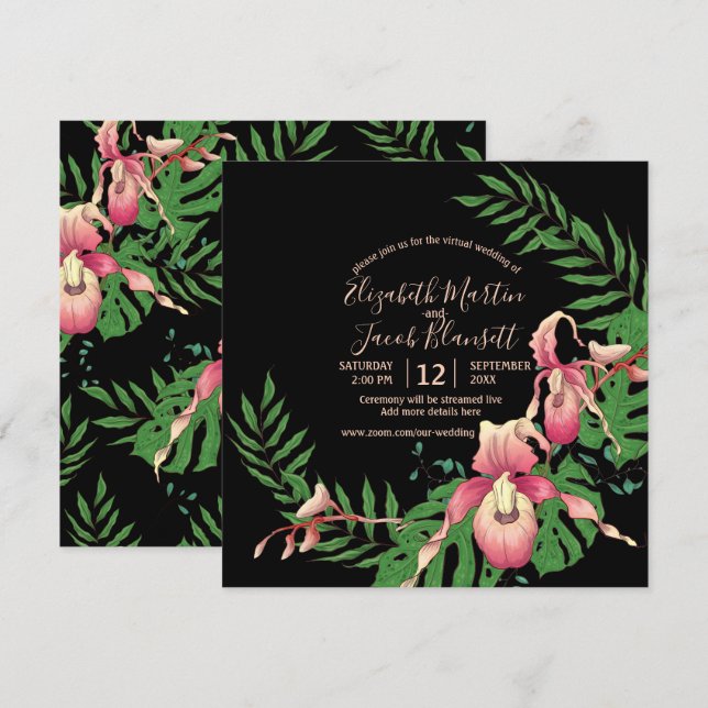 Pink Lady Slipper Orchid on Black Virtual Wedding Invitation (Front/Back)