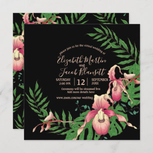 Pink Lady Slipper Orchid on Black Virtual Wedding Invitation