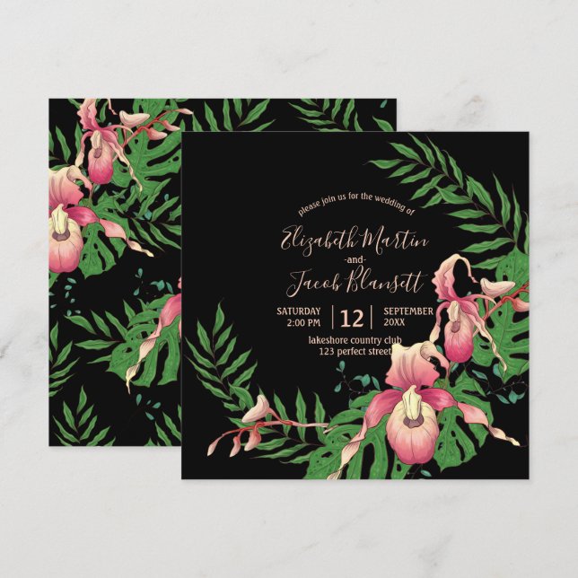 Pink Lady Slipper Orchid Wreath on Black Wedding Invitation (Front/Back)