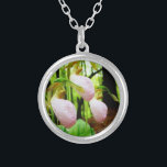 Pink Lady Slipper wild Orchid Silver Plated Necklace<br><div class="desc">Pink Lady Slipper wild Orchid Photo by Sandy Closs,  taken at Lake Arrowhead Ga. Light Pink slipper shape with darker pink veins. Found growing wild in the woods,  underneath some pine trees pink flower orchids floral florals wedding nature sympathy spring woodland rose</div>