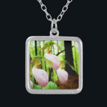Pink Lady Slipper wild Orchid Silver Plated Necklace<br><div class="desc">Pink Lady Slipper wild Orchid Photo by Sandy Closs,  taken at Lake Arrowhead Ga. Light Pink slipper shape with darker pink veins. Found growing wild in the woods,  underneath some pine trees pink flower orchids floral florals wedding nature sympathy spring woodland rose</div>
