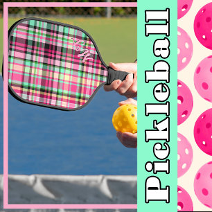 Pink Lady Slipper Wildflower Plaid Pink and Black Pickleball Paddle