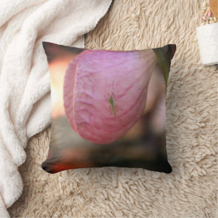 Pink Lady Slipper With Visiting Green Insect   Cushion