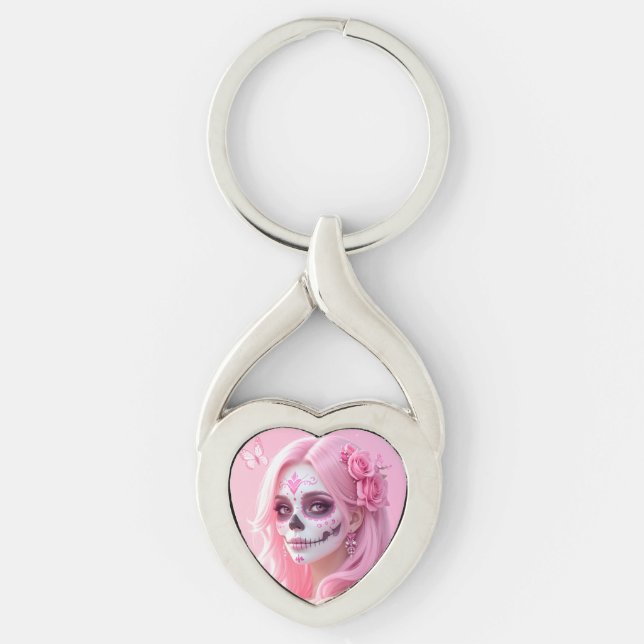Pink Lady Sugar Skull Key Ring (Front)