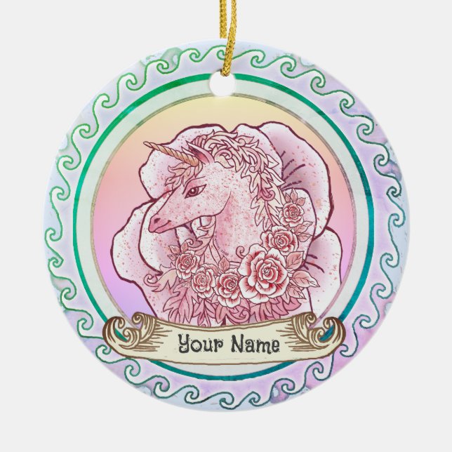 Pink Lady Unicorn  Ceramic Tree Decoration (Front)