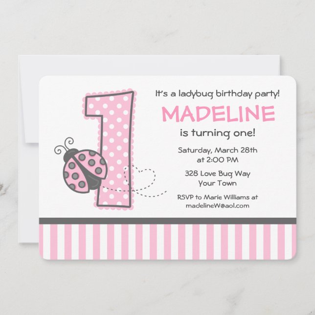 Pink Ladybug 1st Birthday Invitation (Front)