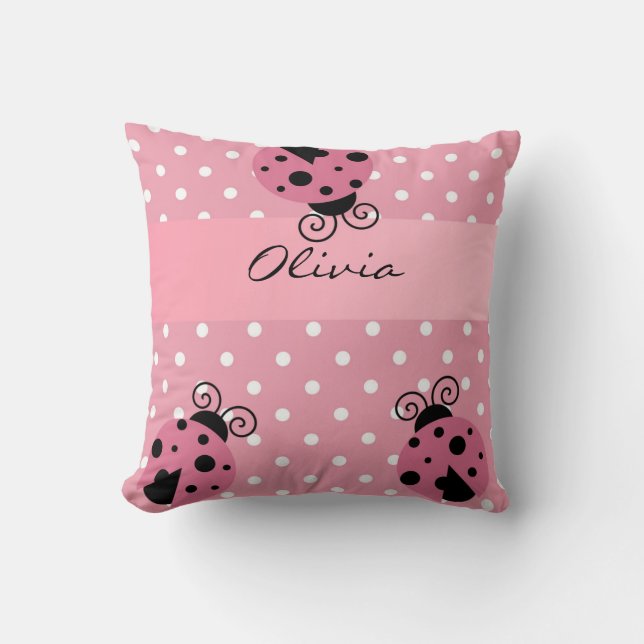 Pink Ladybug and Polka Dots Personalised Pillow (Front)
